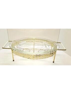 Pyrex Chafing Dish With Gold tone Stand Vintage Rare 1960 Complete W TL Holder
